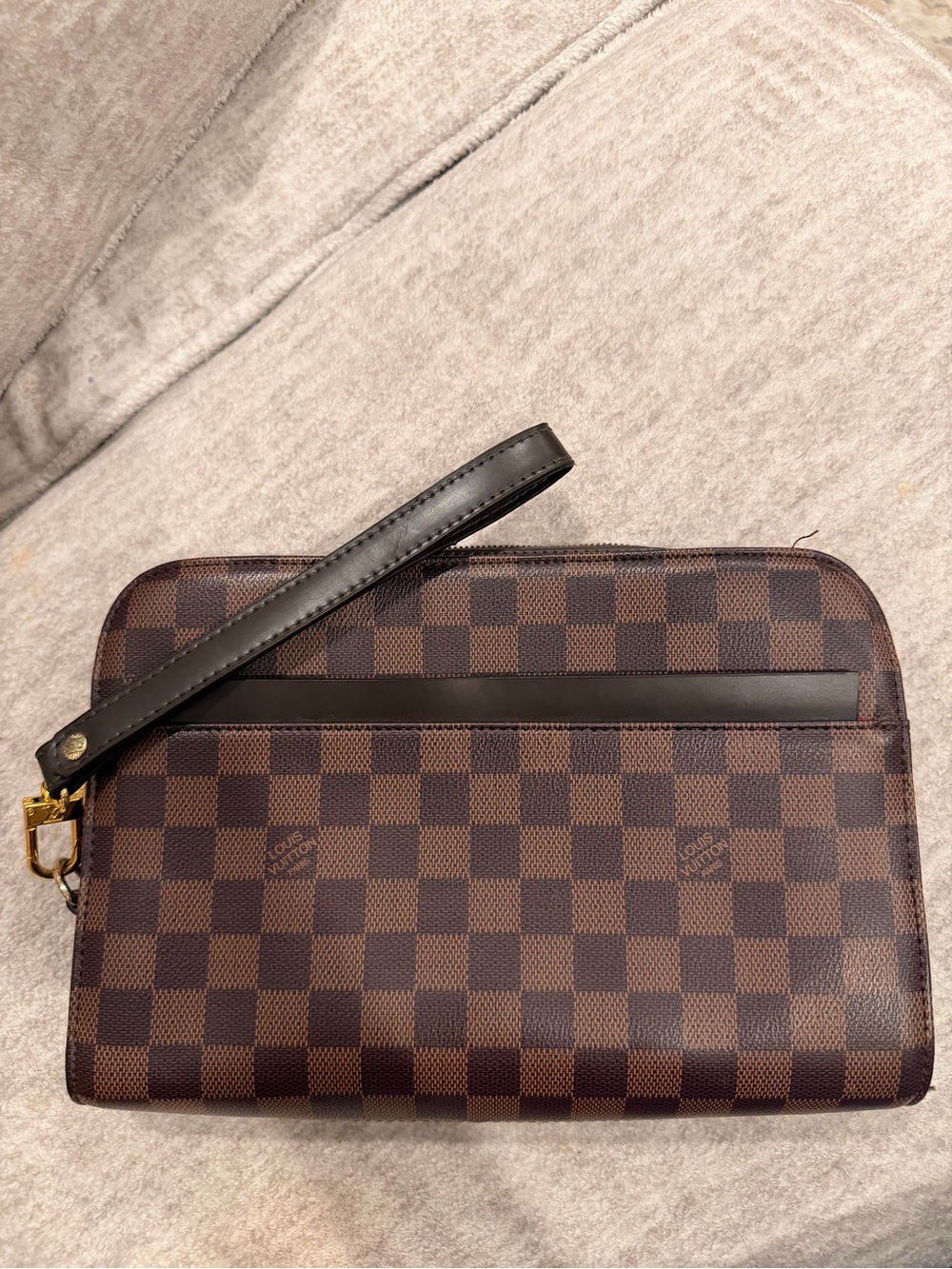 Louis Vuitton Brown Checkered Wristlet with Gold Hardware